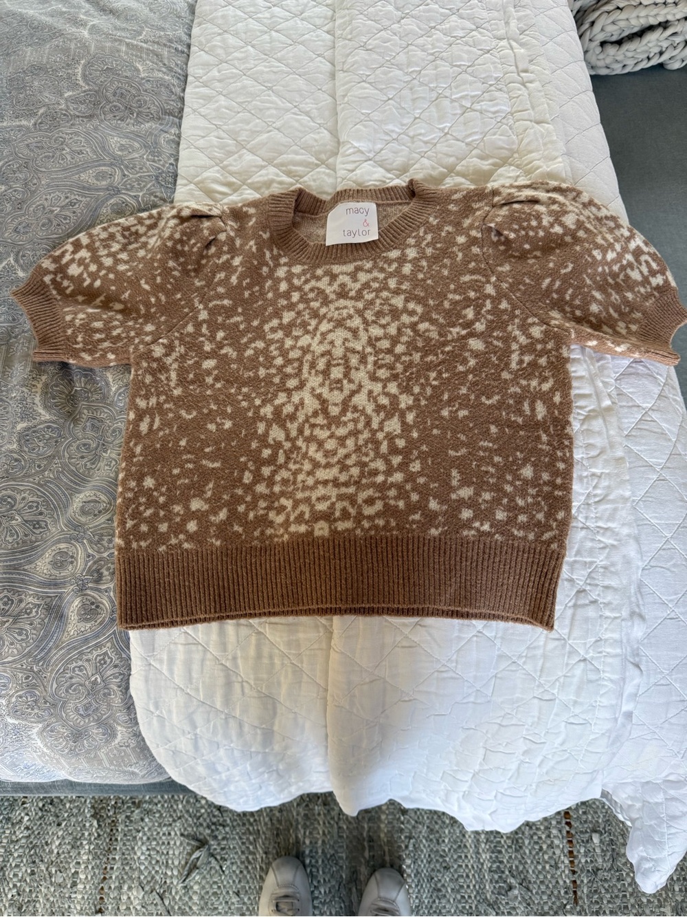 Macy & Taylor Brown and Cream Short-Sleeve Crewneck Sweater